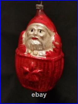 Rare Vintage German 1930's Santa in a Basket Glass Ornament 3