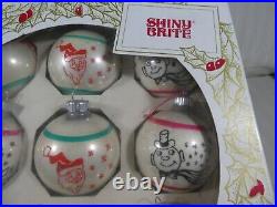 Rare Vintage Shiny Brite Stenciled Frosty Snowman & Santa Ornaments O3