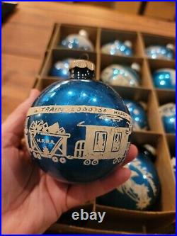 SHINY BRITE Vintage Mercury Glass Blue Merry Xmas Stencil Train Ornament Asst