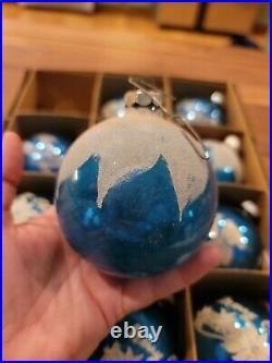 SHINY BRITE Vintage Mercury Glass Blue Merry Xmas Stencil Train Ornament Asst