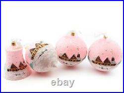 Set (4) Large hand decorated Czech pink satin glass Christmas tree ornaments