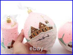 Set (4) Large hand decorated Czech pink satin glass Christmas tree ornaments