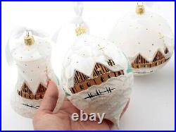 Set (4) Large hand decorated Czech white satin glass Christmas tree ornaments