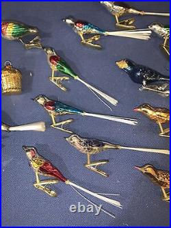 Set Of 12 Bird Ornaments Mercury Glass Spun Tails Clips Original Germany Japan