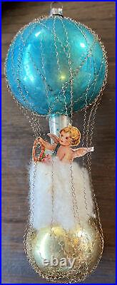 Set Of 2! Vintage Antique Diecut Cherub Glass Ornaments WIre Wrapped 6.5 Long