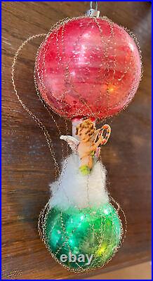 Set Of 2! Vintage Antique Diecut Cherub Glass Ornaments WIre Wrapped 6.5 Long