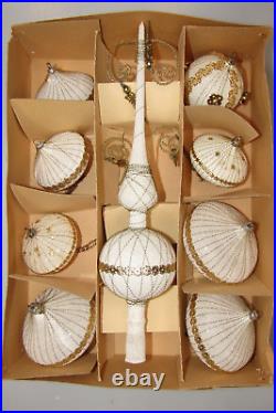 Set VTG Frosted Glass Crinkle Wire UFO Christmas Ornaments Tree TOPPER Germany