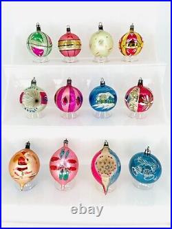 Set of 12 Vintage Poland Handmade Hand Painted Mercury Glass Christmas Ornaments