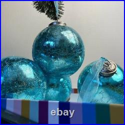 Set of 4 Large Heavy Kugel CHRISTMAS ORNAMENTS Crackle Teal Mercury Glass Xmas