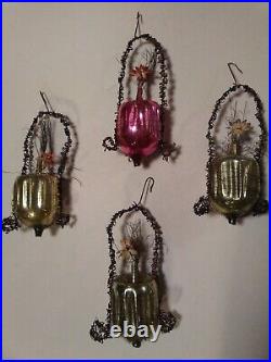 Set of 4 Victorian German Wire Wrapped Glass Vases With Cloth Flowers Ornaments