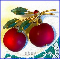 Signed Austria Frosted Glass CHERRY Pin Rhinestone Double Fruit Vintage EVC