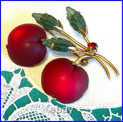 Signed Austria Frosted Glass CHERRY Pin Rhinestone Double Fruit Vintage EVC