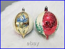 Six Vintage Jumbo Mercury Glass Christmas Ornaments Checkered Striped scalloped