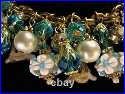 Statement Glass Charms Bracelet Aqua Floral Lampwork Crystal VTG M Haskell Chain