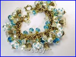 Statement Glass Charms Bracelet Aqua Floral Lampwork Crystal VTG M Haskell Chain
