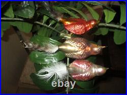 Three 3 Birds Germany Vintage Christmas Clip on Ornaments Glass Feather Tails