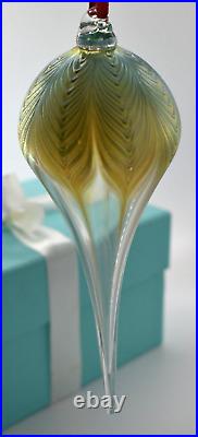 Tiffany Hand Blown Glass Christmas Teardrop Ornament Nouveau Gld Pulled Feather
