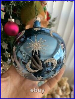 VINTAGE BLUE BALL WithSILVER STARS & MOONS BALL CHRISTMAS ORNAMENT