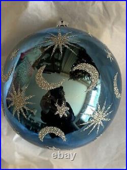 VINTAGE BLUE BALL WithSILVER STARS & MOONS BALL CHRISTMAS ORNAMENT