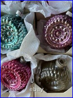 VINTAGE GROUP OF 12 SHINY BRITE BUMPY FLOWER DOUBLE INDENT GLASS ORNAMENTS WithBOX