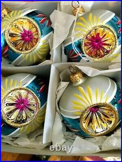 VINTAGE-NEW Art-Pol Box of 6 Pink/Blue Double Reflector Glass Ornaments Poland
