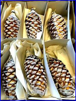 VINTAGE-NEW Box of 6 XL Brown Snowy Pinecone Glass Christmas Ornaments Poland