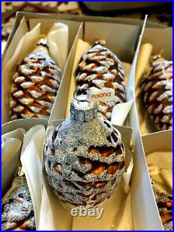 VINTAGE-NEW Box of 6 XL Brown Snowy Pinecone Glass Christmas Ornaments Poland