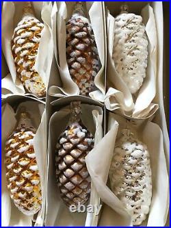 VINTAGE-NEW Box of 6 XL Snowy Pinecone Mix Glass Christmas Ornaments Poland