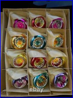 Vintage 12 Hand Blown Reflector Indent Christmas Glass Ornaments Hand painted