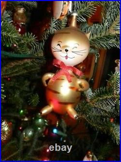 Vintage 1960 De Carlini Italian Blown Glass Cat Christmas Ornament