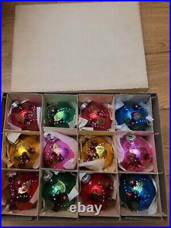 Vintage 1970s GDR German glass Christmas Ornaments embroidered leaves & flowers