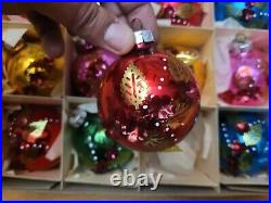 Vintage 1970s GDR German glass Christmas Ornaments embroidered leaves & flowers