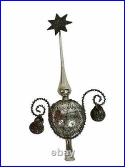 Vintage 50's Tree Topper Blown Glass Mercury Wire Wrap Silver 2 Bells Shapes 9
