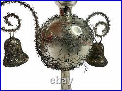 Vintage 50's Tree Topper Blown Glass Mercury Wire Wrap Silver 2 Bells Shapes 9