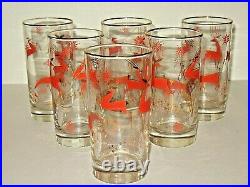 Vintage 6 Mid Century Libby Glass Christmas Raindeer Glasses Tumblers Atomic