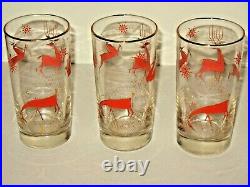 Vintage 6 Mid Century Libby Glass Christmas Raindeer Glasses Tumblers Atomic