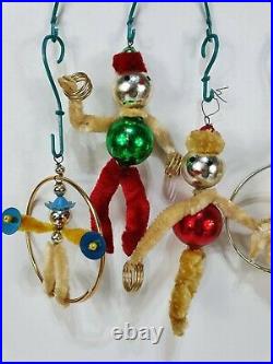 Vintage 60's Mercury Glass Bauble Pipe Cleaner Clowns Christmas Decorations x 7