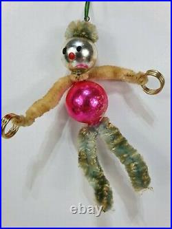 Vintage 60's Mercury Glass Bauble Pipe Cleaner Clowns Christmas Decorations x 7