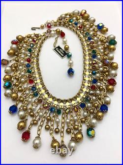 Vintage Alice Caviness Drop Pearl Crystals Art Glass Statement Bib Necklace