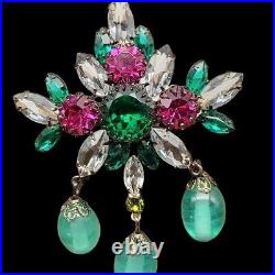 Vintage Art Glass Prong Set Faceted Rhinestone Brooch with Dangles High End