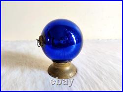 Vintage Blue Glass 4.3 Heavy German Kugel Christmas Ornament Brass Cap KU85