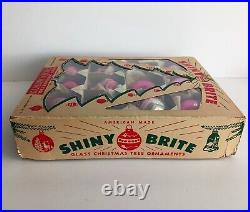 Vintage Box Shiny Brite 12 Glass Christmas Tree Ornaments Pink Stencil Mica