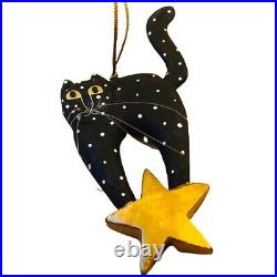 Vintage CAT Christmas Tree Ornaments 6 Wooden Kitties 1 Blown Glass 1 Metal Star