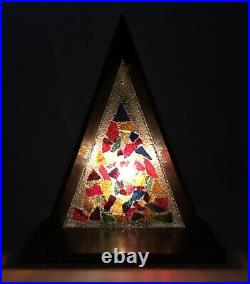 Vintage CHRISTMAS Tree Stained Glass Triangle Wood Table Lamp Music Box Silent