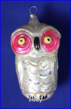 Vintage Christmas Ornament Glass Germany Owl Bird Animal Gold Tone Pink Red Old