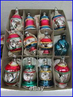 Vintage Christmas Premier Glass Works War Era Striped Ornaments IOB Bells Tops