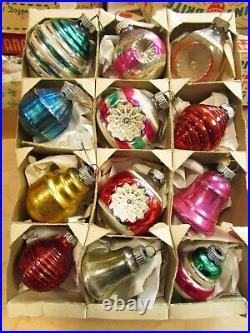 Vintage Christmas Shiny Brite Glass Ornaments Shapes Tops Bells Dbl Indents IOB