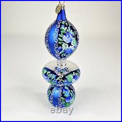 Vintage Christopher Radko Glass Christmas Ornament Drop 3-Tier Blue Flower 8inch