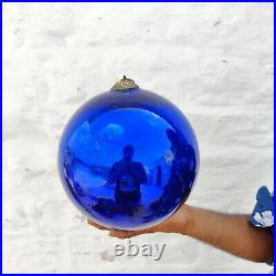 Vintage Cobalt Blue Glass German Kugel 8.25 Christmas Ornament 5 Leaf Cap 549