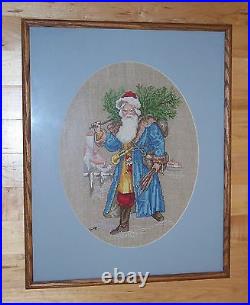 Vintage Completed Finished Cross Stitch FATHER CHRISTMAS Frame Mat Glass Linen